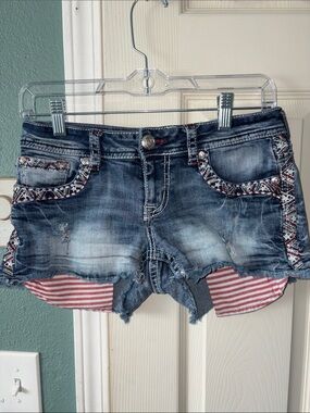 Grace in LA Denim Embroidered Fringe Women’s Shorts - Blue